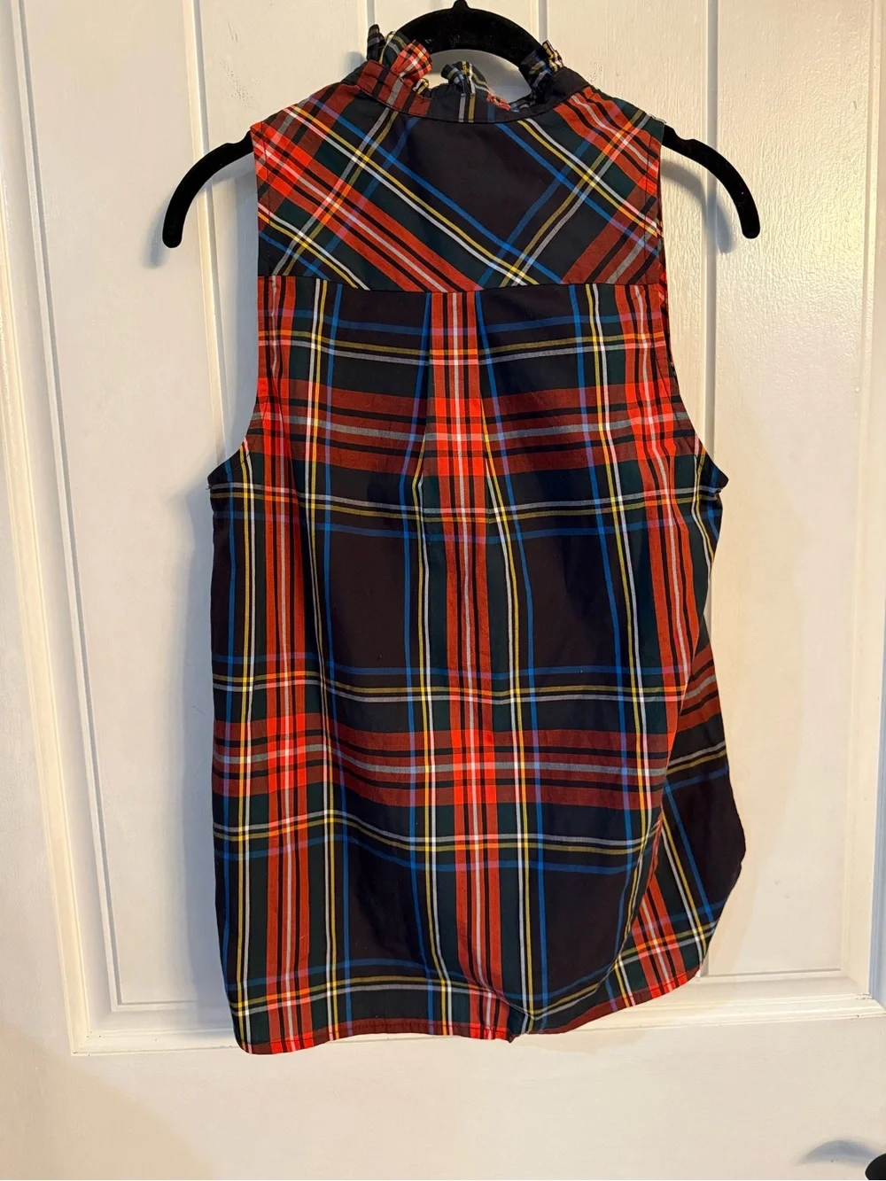 J Crew Woman’s Sleeveless Red Plaid Ruffle-Neck Top